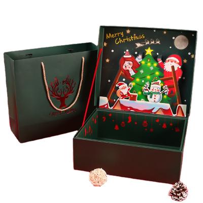 China Recyclable paper Christmas gift wrapping box3d Santa cut out snowflake inside square gift wrapping for sale