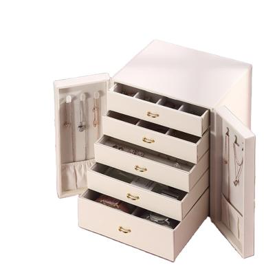 China Handmade In Stock Custom High Quality Jewelry Storage Case 5 Layer Wooden Jewelry Box Drawer Leather Box for sale