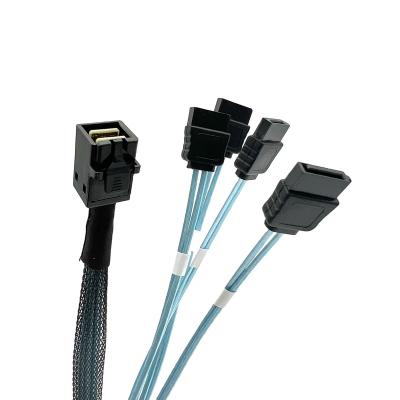 China Blue Internal HD COMPUTER Host Mini SAS SFF 8643 To 4X SATA 7 Pin Target Forward Fanout Cable For Hard Drive Controller for sale