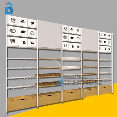 China PLY/MDF/SOLID WOOD/GLASS grocery display items and grocery shelf rack for sale