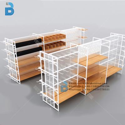 China PLY/MDF/SOLID WOOD/GLASS wooden grocery shelf 4 layers brackets for supermarket shelves for sale