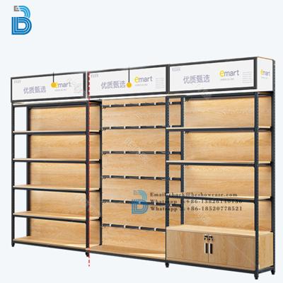 China Hot Selling PLY/MDF/SOLID WOOD/GLASS Supermarket Shelves Display Stand Equipment And Racks For Commercial for sale