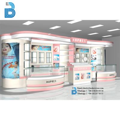 China PLY/MDF/SOLID WOOD/GLASS Custom design provide local service mall cosmetic display kiosk for sale