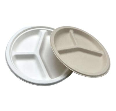 China Casual Divided Compostable Disposable Restaurant Take Out 3 Compartments Eco Friendly Tableware Packing Sugarcane Dishes for sale