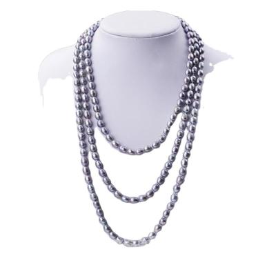 China Punk 7-8mm A Grade Gray Natural Cultured Rice Shape 160cm Pearl Endless Long Necklace for sale