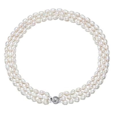 China TRENDY 3 Layer Rice Shape 7mm Sterling Silver Freshwater Pearl Necklace Real 925 Multi Strand Natural White for sale