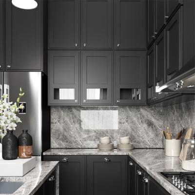 China Black Free Standing Kitchen Cabinets Waterproof With Island PVC Kitchen Cabinets for sale