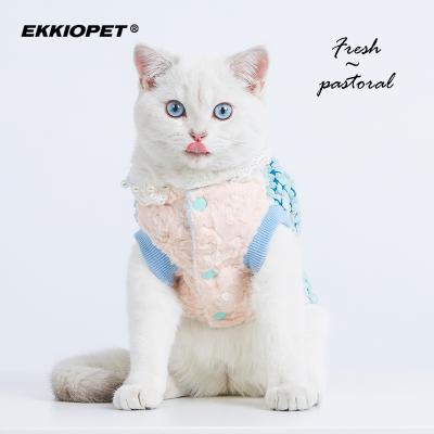 China 2021 Viable Ekkiochen Hot Selling Blue Pink Cat Splice Coat With Lacey Like Pet Apparel Or Pet Cat Clothes for sale