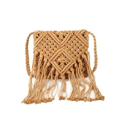 China Wholesale Macrame Straw Bag Women Weave Hollow Out Large Capacity Summer Vacation Beach Purse With Tassel for sale