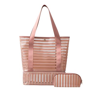 China Japan Style 2021 Summer Women Striped PVC Fitness Swimming Shoulder Beach Tote Bag With Separation Wet Dry Compartment for sale