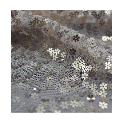 China Luxury Organic Flower Sequin Wedding Net Tulle Fabric Sequin Embroidery Evening Dress Fabric for sale