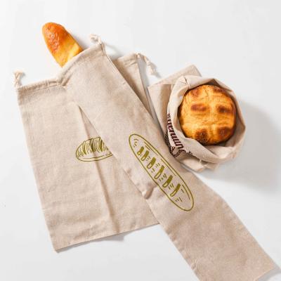 China Drawsting Natural Reusable Canvas Baguette Bread Storage Bags Portable Long Bread Drawstring Pouch Toast Bag for sale