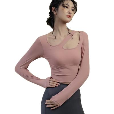 China Women's Breathable Sexy Hollow Yoga Tops Long Sleeve Sports T-shirt Gym Workout Fitness Wear Bra Tops Padded for sale