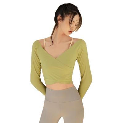 China Breathable Sexy V-Neck Yoga Tops Women Long Sleeve Running Superdry Clothes Short Gym Shirt Fitness Wear for sale