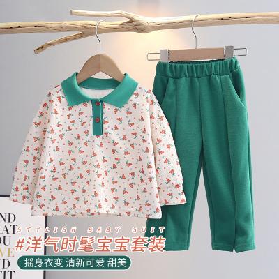 China Normcore/Minimalist Girls Style Retro Suit Polo Top Green Floral Slit Pants First Spring 2022 New Korean Fashion for sale