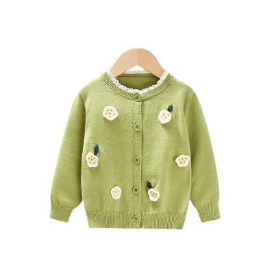 China Anti-wrinkle girls' exotic cute green floret knitted cardigan medium and small children's knitted sweater coat for sale