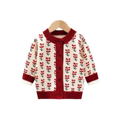 China Anti-Wrinkle Girls' One-Piece Velvet Cherry Coat Kids Winter Sweater Product Children Small Shear Baby Knitted Top Knitted Cardigan for sale