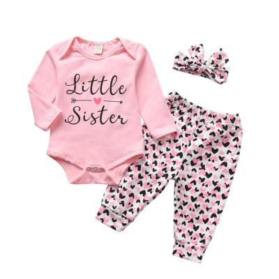 China Breathable Clothes Long Sleeve Romper Outfit Heart Print Pants Set +Headband For Babies Kid Clothes for sale