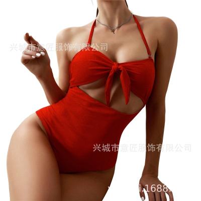 China 2021 European and American Breifs swimsuit European and American one-piece swimsuit solid color bow swimsuit Amazon border swimwear for sale