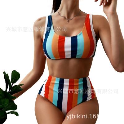 China Bikini 2021 striped high waist high waist swimwear women's bikini high color foreign trade top customized bikini European and American for sale