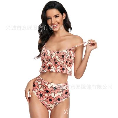 China European and American bikini high waisted women's swimsuit smocked lotus leaf bikini ladies swimwear Amazon 2021 swimwear for sale