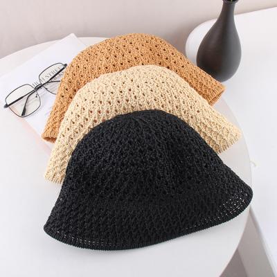 China New Fashion Breathable Wholesale Toques Beach Soft Mesh Knitted Basin Hat Fisherman Bucket Hat Summer Moving Folding Straw Hat for sale