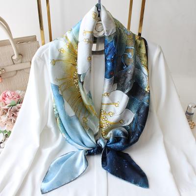 China 100% Pure Natural Silk Scarves Luxury Lotus Flower Design Digital Skin-friendly Printing 110*110cm Square Satin Silk Scarf Shawl for sale