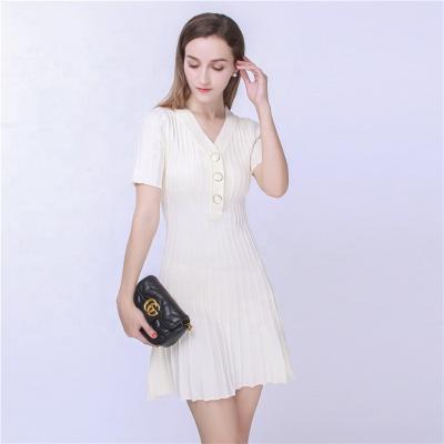 China New Summer Anti-Static Ladies Casual Short Sleeve V-Neck Knit Pleated Sweater Dress Women for sale