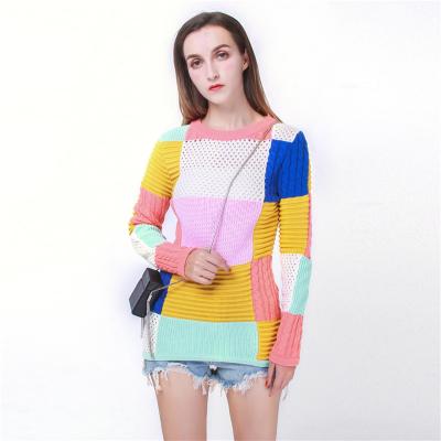 China Autumn/winter new high quality anti-shrink long sleeve round neck spliced ​​color 100% wool sweater women for sale