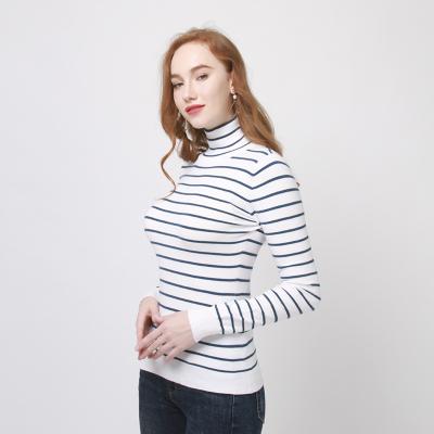 China Wholesale Cheap High Neck Anti Shrink Striped 100% Merino Wool Pullover Sweater For Women for sale