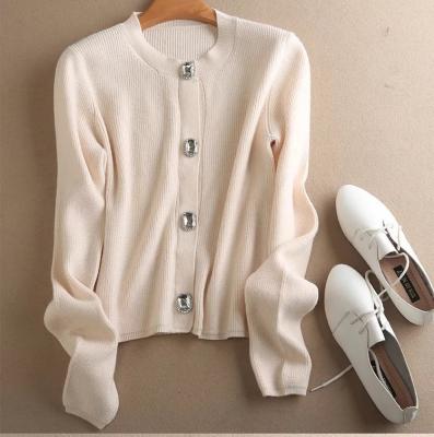 China Classic Style Round Collar Cashmere Cardigan Sweater Women Anti Shrink for sale