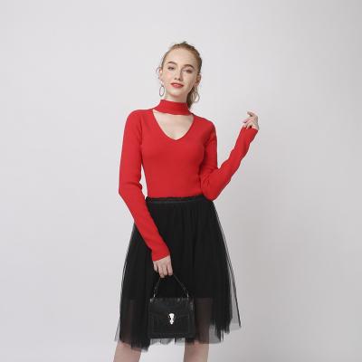 China Autumn Elegant Classic Ladies Style Pure Red V Neck Anti-pilling Neck Cashmere Women Hanging Sweater for sale