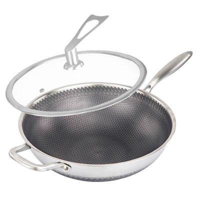 China Double Sided Honeycomb 304 Stainless Steel Wok Nonstick Sustainable Oil Smokeless Pan Frying Pan Wok Without Phosphorus Pan for sale