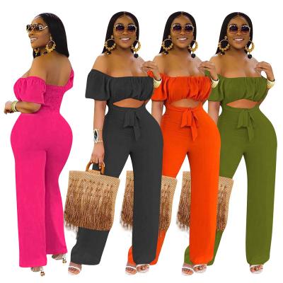 China Wholesale Price Breathable Off Shoulder Hollow Out Solid Color Crop Top Wide Leg Pants Summer Women Fashion One Piece Overalls for sale