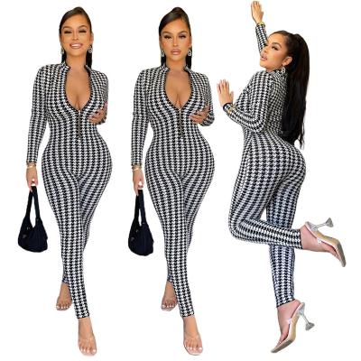 China Elegant Breathable Vintage Stand Neck Bodycon Autumn Clothes Outfits Houndstooth Print One Piece Playsuit Casual Romper Overalls For Women for sale