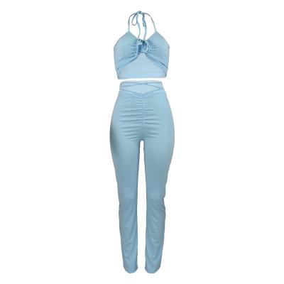 China 2021 best selling anti-pilling lace up wide leg pants women apparels tube top bandage two piece set bandage for sale