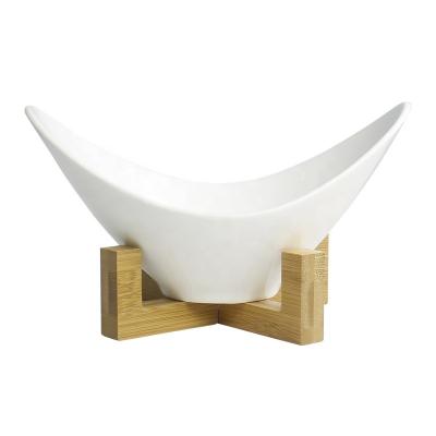 China Large Fruit Salad Bowl Creative Sustainable Ceramic Super White Porcelain Bowl Minimalist Serving Bowl With Bamboo Rack for sale