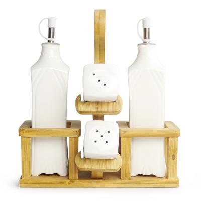 China Sustainable Modern Luxury Bamboo Oil Rack Vinegar Bottele Porcelain Spice Jars Set for sale