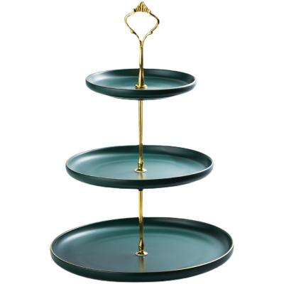 China Viable Modern Glazed Round Ceramic Cake Plate Fancy Wedding 3 Tier Porcelain Cake Stand With Gold Line for sale