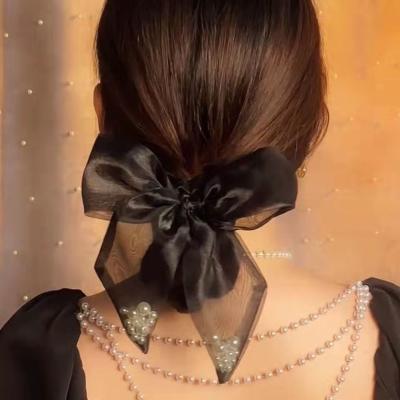 China Eco-Friendly Elastic Ring Women Hair Ties Girl Hair Bows Scrunchies Vintage Black Organza Faux Pearl Long Tail Hair Bands for sale