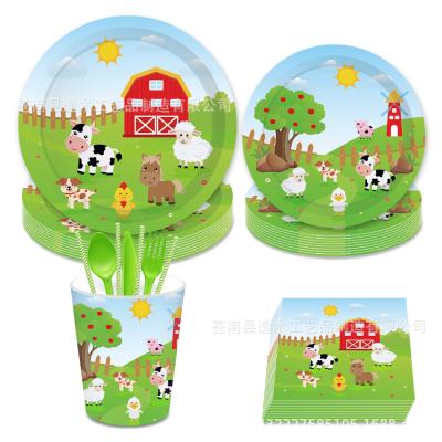 China Eco-Friendly Farm Theme Birthday Baby Shower Supplies Dishes, Cups Napkins Tablecover Cutlery Farm Animal Banner Dinnerware Set for sale