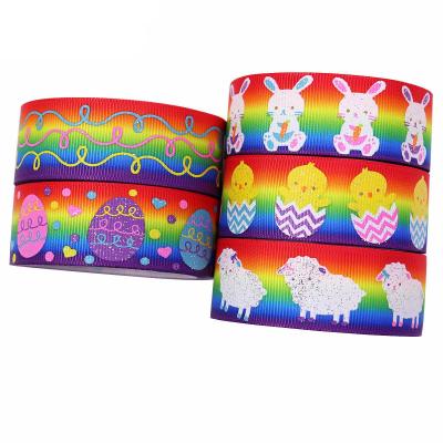 China Shiny Polyester Cinta Grosgrain Ribbon 25mm Chick Bunny Eggs Pattern Printed Accessories Festival Ribbon Decoration Gift Wrapping for sale