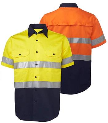 China 100% Cotton Hi Vis Shirts For Men Safety Protective Workwear With 3M Reflective Tape 100% Cotton Shorts Sleeve for sale