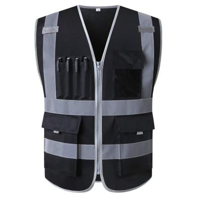 China Black Reflective High Visibility Safety Vest With Pockets And Zipper Construction Waistcoat With Reflective Stripes High Visibility Work Uniforms for sale