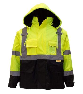 China Qualited 300D PU Coated Oxford Material Workwear Troy Safety Men's ANSI Class 3 Visibility Safety Bomber Jacket Hi-Vis High Pocket Black Bottom zipper pvc for sale