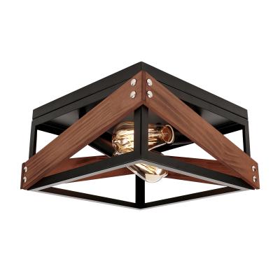 China Surface Mounted 2 Lights Metal And Wood Caged Semi Rustic Industrial Flush Ceiling Mount Light For Living Room for sale