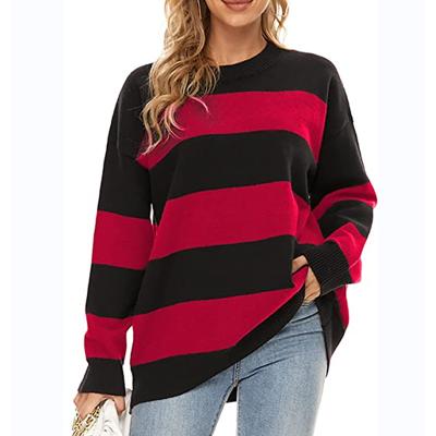 China Color Matching Striped Anti-Wrinkle Sweater Women's Round Neck Pullover Sweater Oversized Knitting for sale