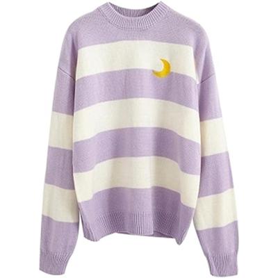 China Anti-wrinkle sweater pullover striped chic moon embroidery knitting wind soft and supple lazy women wear for sale