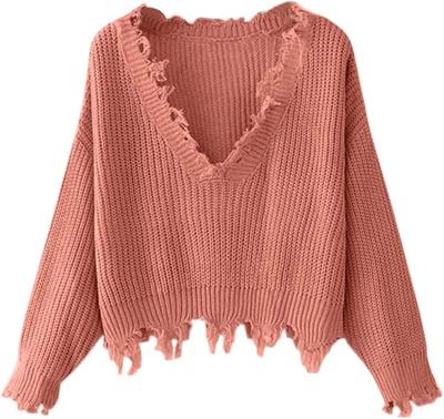 China Irregular Distressed Fringed Loose Sexy Deep V-Neck Long Sleeve Sweater Anti-Wrinkle Pullover Sweater for sale