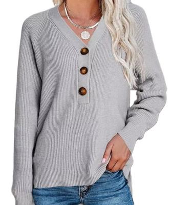 China Anti-wrinkle ladies autumn and winter button sweater knitted long sleeve V-neck sweater for sale